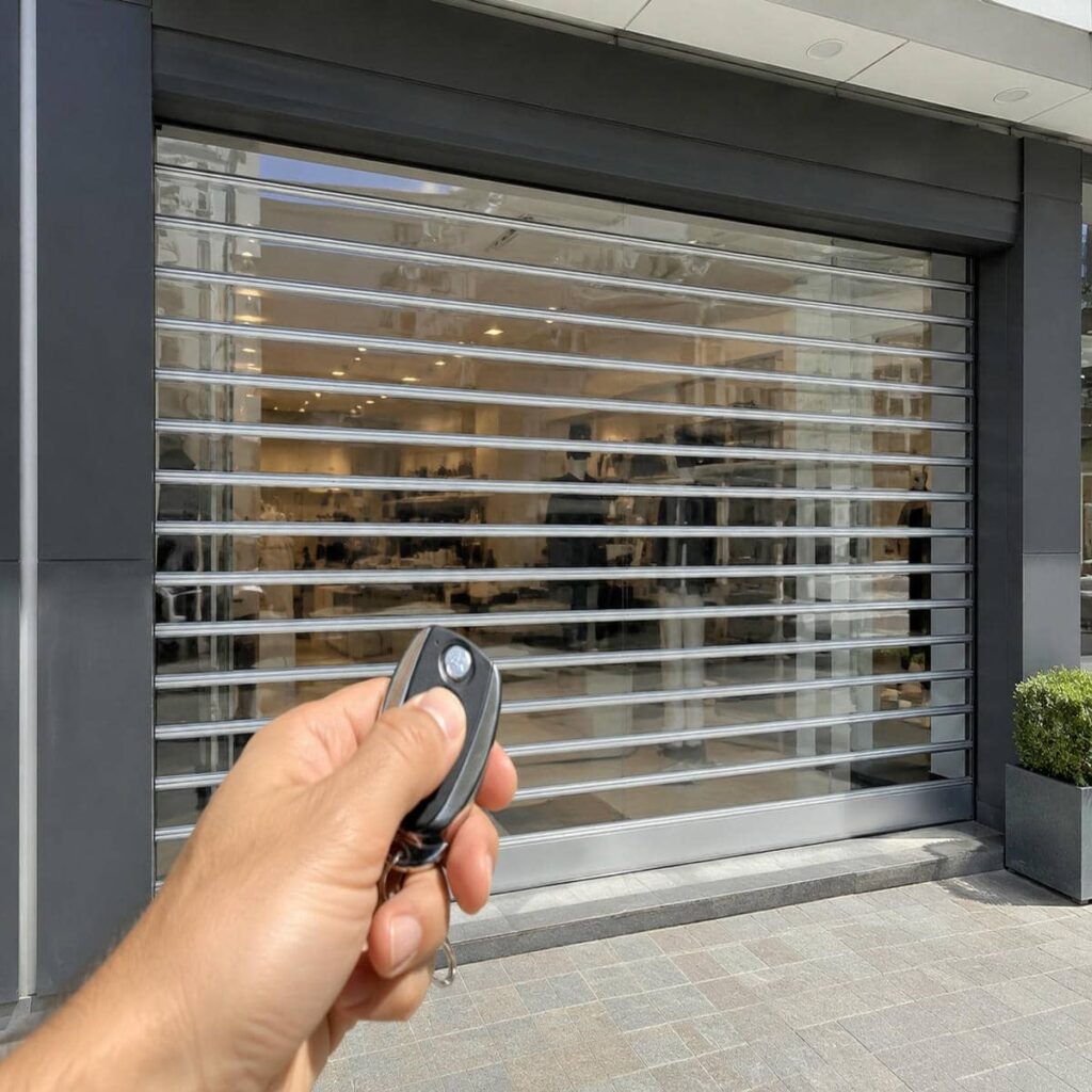 درب کرکره اتوماتیک مشکی برای ورودی تجاری