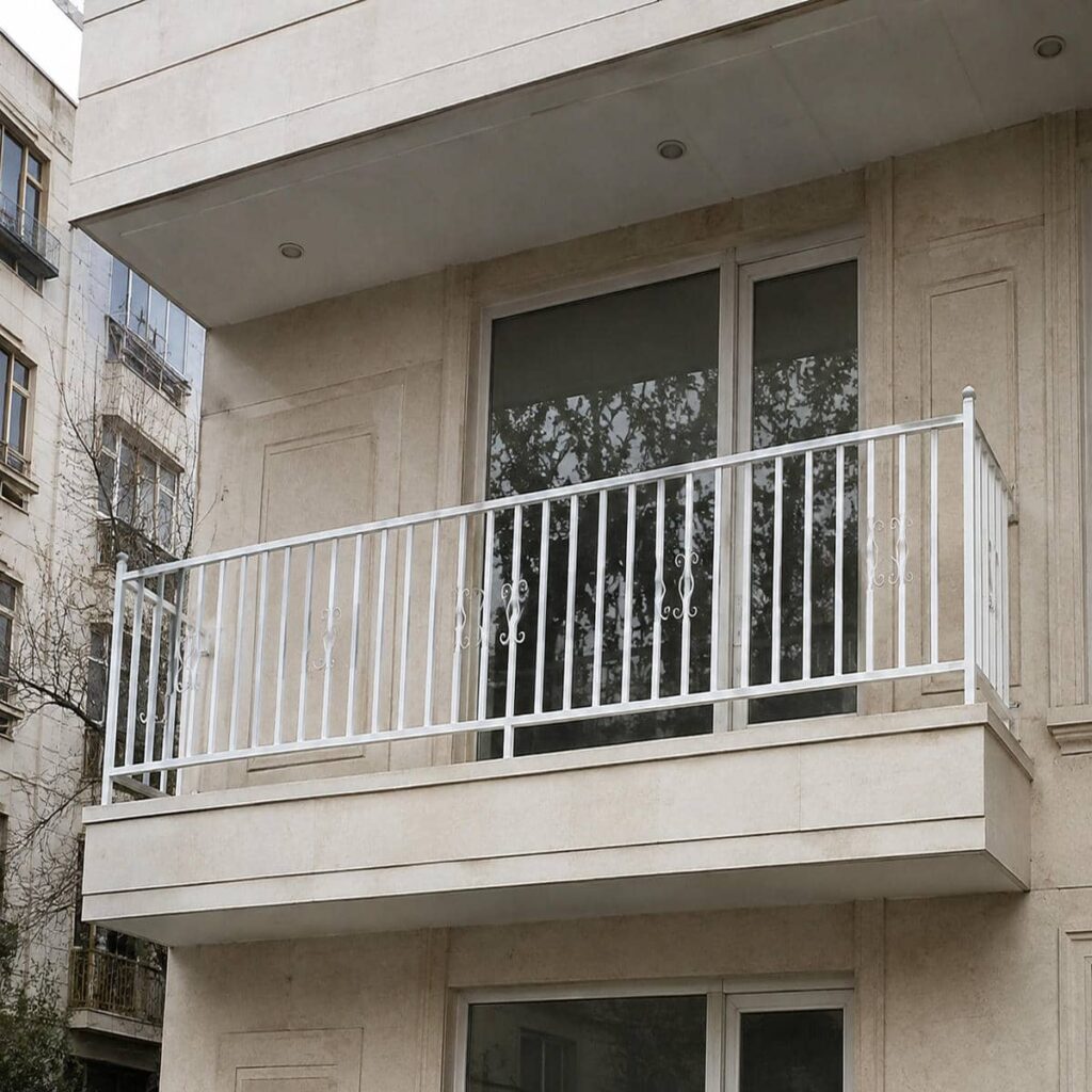 نرده بالکن سفید کنار نمای سنگی روشن نرده بالکن سفید کنار نمای سنگی روشن